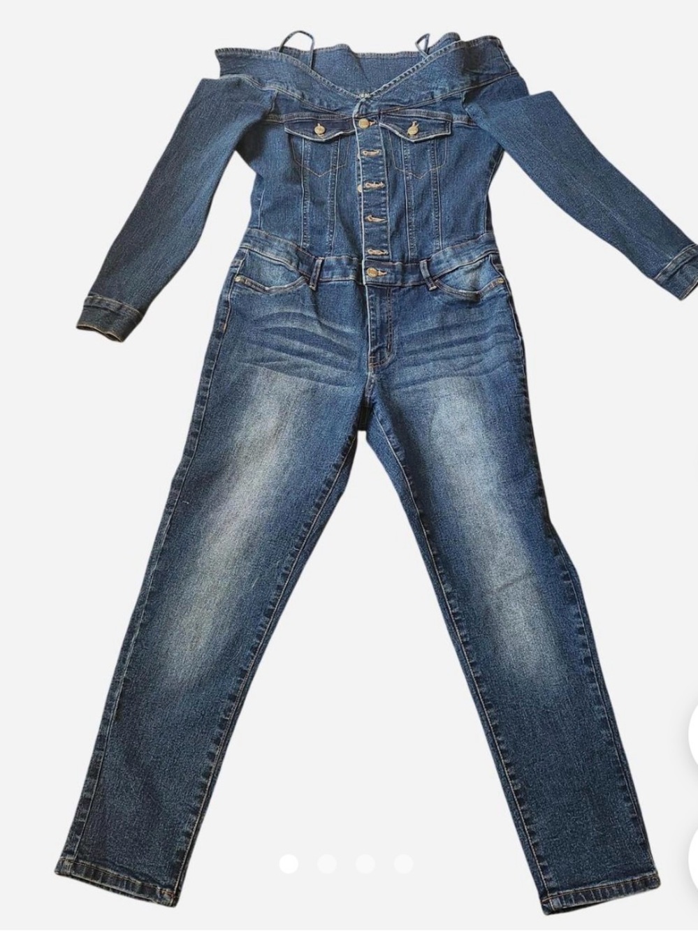 Dark Blue Off-Shoulder Denim Overalls Jumpsuit - Picture 3 of 12
